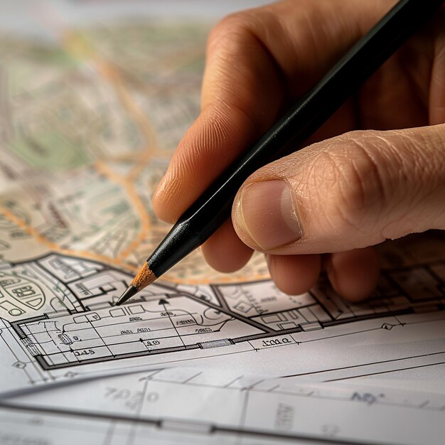 Lápiz de mano para elegir y comprar una parcela de construcción en el mapa catastral para la construcción de viviendas