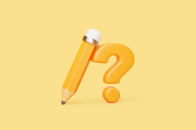 Lápiz naranja 3D y signo de interrogación sobre fondo amarillo