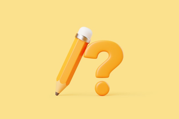 Lápiz naranja 3D y signo de interrogación sobre fondo amarillo