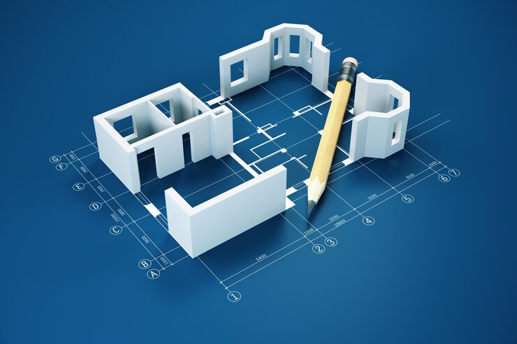 Foto lápiz de planos y modelo de casa en mesa azul