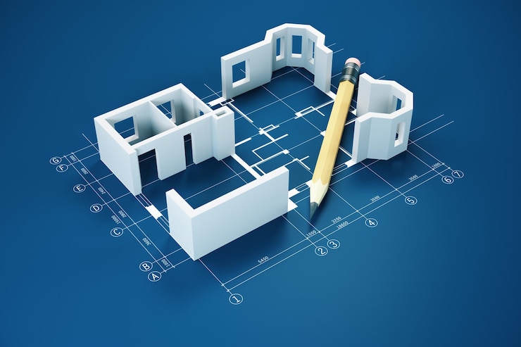 Foto lápiz de planos y modelo de casa en mesa azul