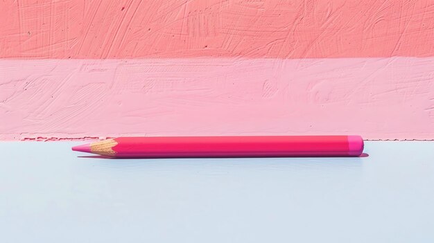 Foto un lápiz rosa en una mesa azul con un fondo rosa y blanco el lápiz está enfocado y el fondo está borroso