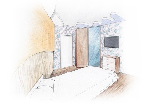 Lápiz de tinta y boceto a mano libre de acuarela del interior de un dormitorio principal