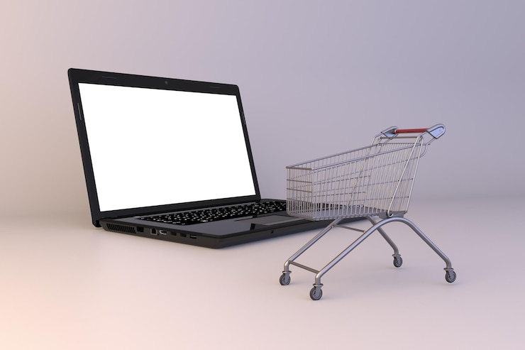 Foto lapltop carrito de compras de alimentos mocup para el sitio web