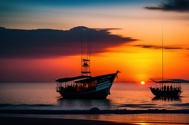 Lapso de tiempo de silueta de barco pesquero y personas no identificadas contra el cielo del atardecer en la playa de Chao Lao