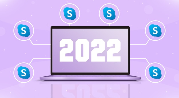 Laptop con 2022 en la pantalla y skype iconos en 3d