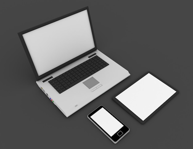 Foto laptop 3d, celular e computador digital tablet pc