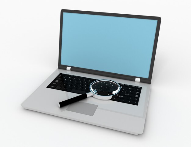 Foto laptop 3d com lente. ilustração renderizada em 3d