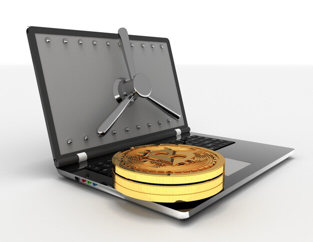 Laptop 3d e bitcoins. ilustração renderizada 3d