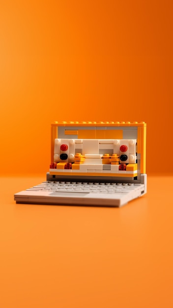 Foto laptop 3d hecha de bloques de plástico de color naranja.