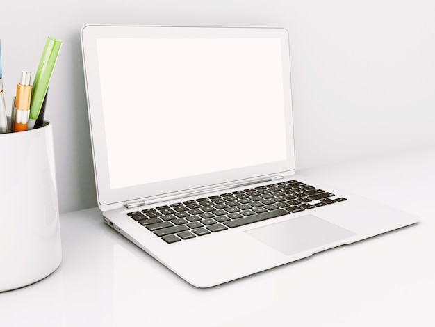 Laptop 3d mit weißem Bildschirm. Attrappe, Lehrmodell, Simulation