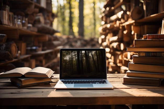 Laptop aberto com uma tela em branco cercada por livros