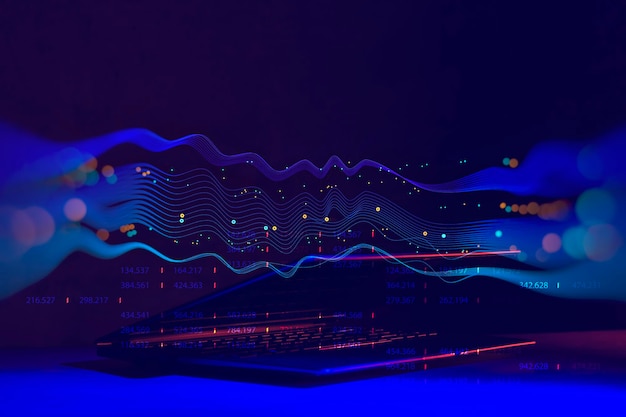 Laptop analiza datos del mercado financiero Solución tecnológica futurista para el desarrollo empresarial Fondo tecnológico abstracto en colores vibrantes con desenfoque