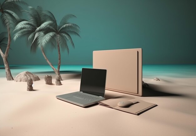 Laptop árvore férias verão palma tropical conceito computador praia viagem Generative AI