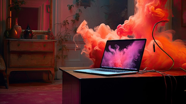 Laptop auf dem Schreibtisch und bunter Rauch im Hintergrund, erzeugt durch KI