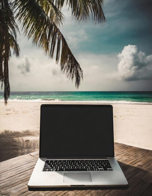 Foto laptop auf dem tisch am strand