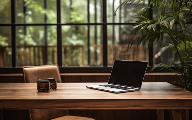 Laptop auf dem Tisch, Büro-Nahaufnahme in sauberer Innenfotografie, generative KI