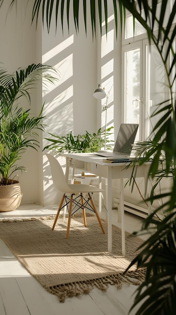 Laptop auf dem Tisch in einem modernen Zimmer mit Pflanzen und Fenster mit Sonnenlicht