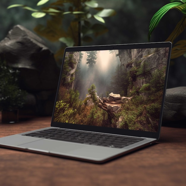 Laptop auf dem Tisch mit Bildern von Bergen 3D-Illustration
