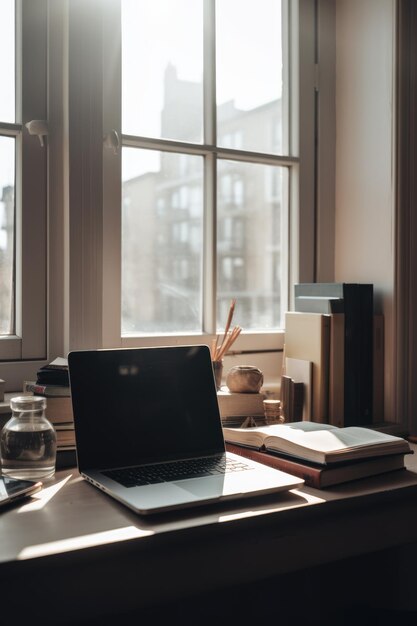 Laptop auf dem Tisch mit Büchern am Fenster, die mit generativer KI-Technologie erstellt wurden