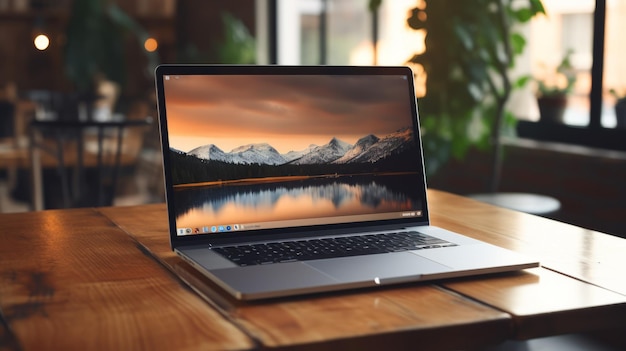 Laptop auf einem Holztisch in einem Café