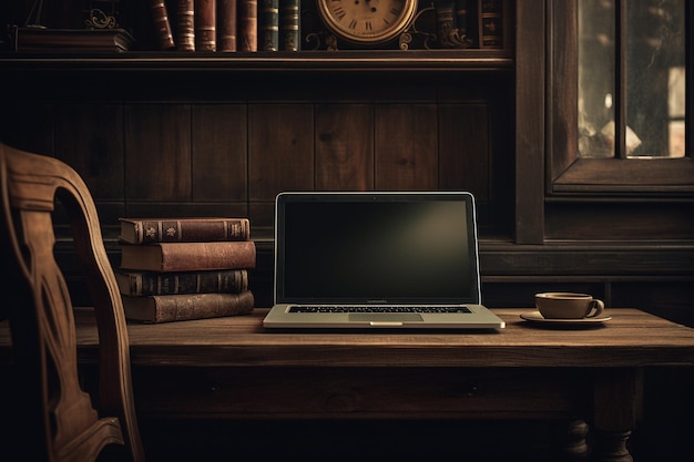 Foto laptop auf einem holztisch mit einem alten lederstuhl daneben