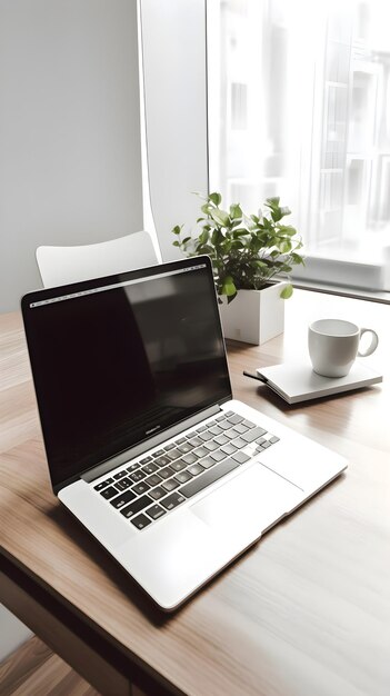 Laptop auf einem Holztisch mit einer Tasse Kaffee im Hintergrund