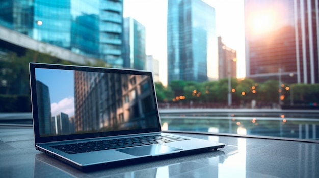 Laptop auf einem Holztisch mit Stadtblick im Hintergrund