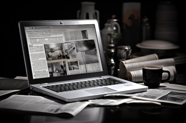 Laptop auf einem Schreibtisch mit einer Zeitung und einer Tasse Kaffee. Laptop und Zeitungen auf schwarzem und weißem Hintergrund. Geschäftsstillleben, KI-generiert