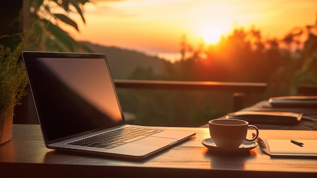 Laptop auf einem Tisch bei Sonnenuntergang