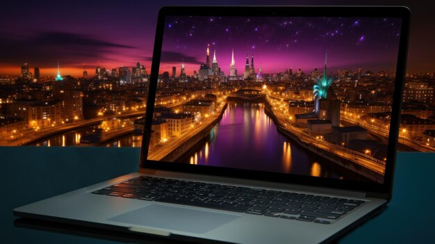 Laptop auf einem Tisch vor der Skyline der Stadt bei Nacht