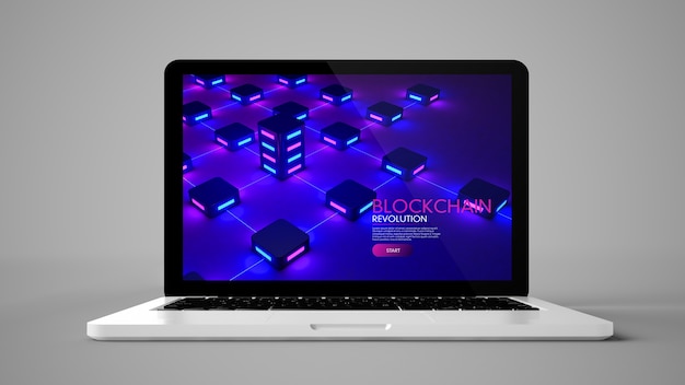 Laptop auf grauem Hintergrund zeigt Blockchain auf Bildschirm 3d Rendering