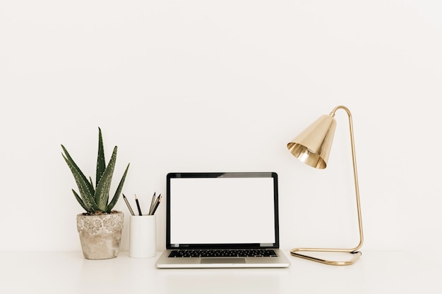 Laptop auf weißem Tisch mit goldener Lampe und Aloe-Pflanze.