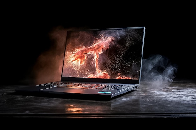 Laptop avançado com armação de metal, iluminação quente e fria, forte senso de tecnologia gerada por IA