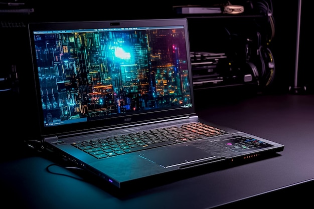 Laptop avançado com armação de metal, iluminação quente e fria, forte senso de tecnologia gerada por IA