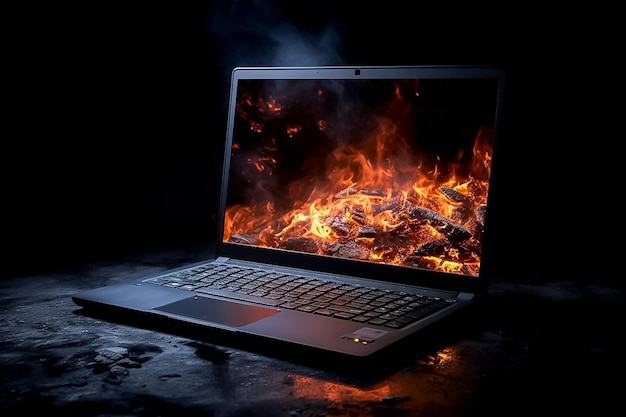 Laptop avançado com armação de metal, iluminação quente e fria, forte senso de tecnologia gerada por IA