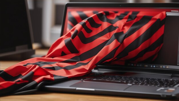 una laptop con una bandera roja y negra sobre ella celebrando el día internacional del trabajador