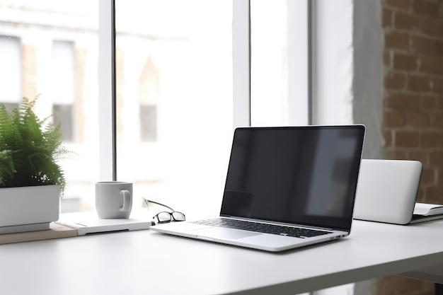 Laptop-Bildschirm am Schreibtisch im Heimbüro. Arbeitsbereich für Online-Arbeit