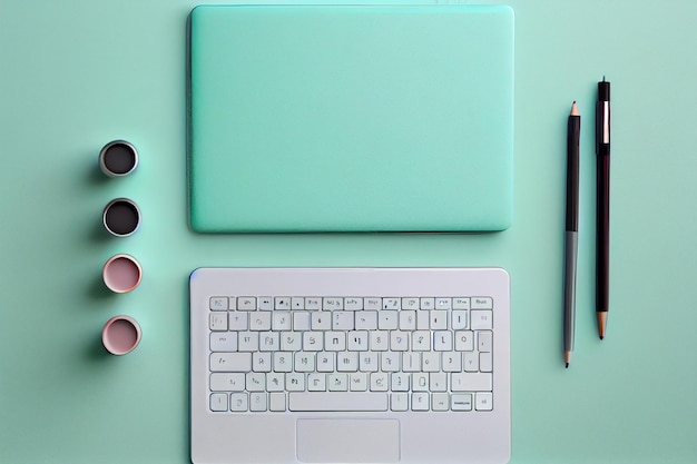 Laptop en blanco para texto con pluma y lápiz