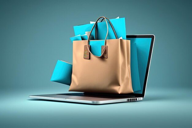 Laptop y bolsas de compras ilustración fondo azul IA generativa