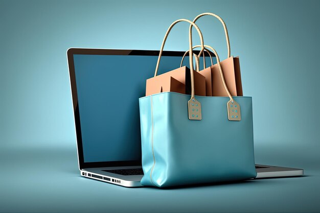 Laptop y bolsas de compras ilustración fondo azul IA generativa