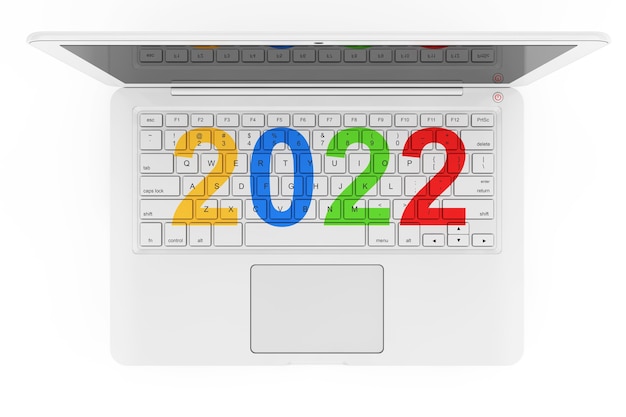 Laptop branco com 2022 sinal de ano novo em um fundo branco. Renderização 3D