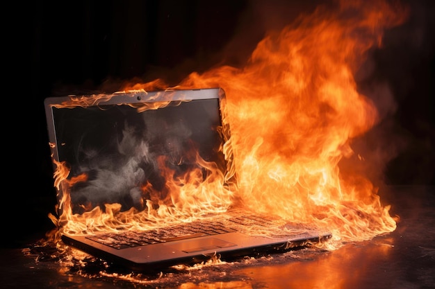 Laptop brennt. Brennender Laptop