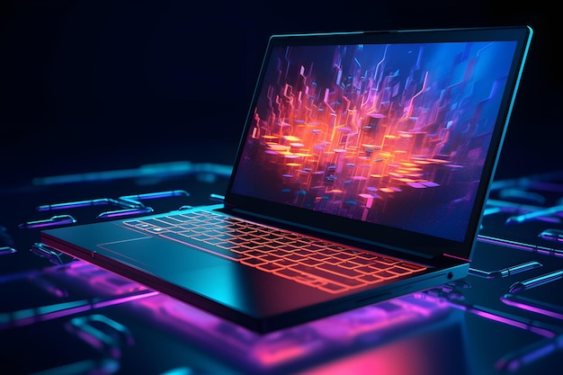 Laptop brilhante para jogos com efeitos 3D de fantasia