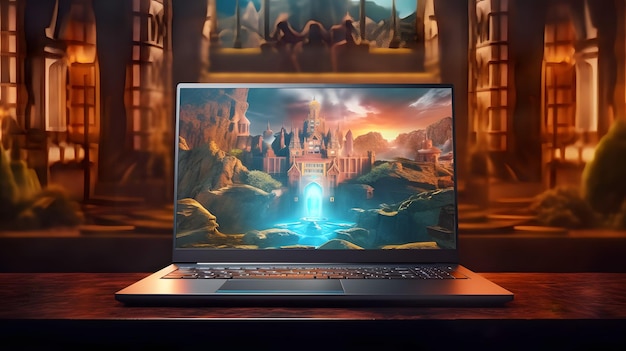 Foto laptop brilhante para jogos com efeitos 3d de fantasia