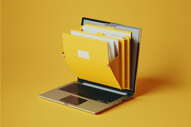 Laptop con carpeta de archivos en pantalla carpeta de documentos fondo amarillo AI