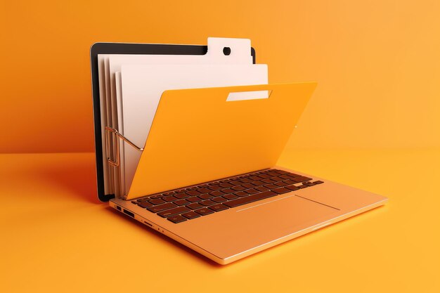 Foto laptop con carpetas de archivos en un fondo naranja xa