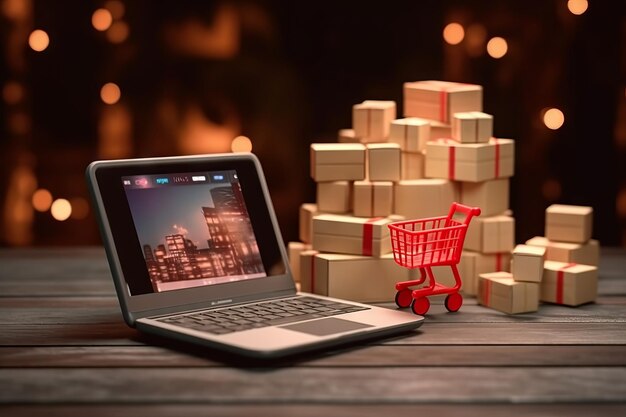 Laptop con carrito de compras y cajas en mesa de madera Concepto de compras en línea