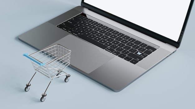 Laptop con carrito de compras pequeño aislado sobre fondo blanco Concepto de compras en línea 3d render