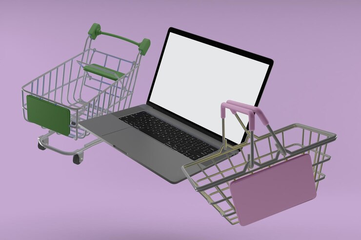 Foto laptop y carros de compras lado derecho en fondo púrpura